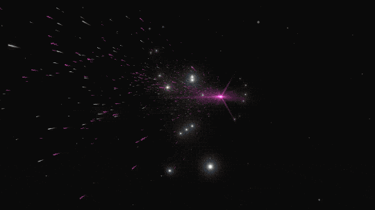 This animation begins on a shot of the Orion constellation with a rain of small white particles and small magenta wiggles, representing neutrinos and gamma rays, respectively, travelling from the constellation on the right off the left of the screen. The camera then follows some of the light and particle “rain” to reveal they are traveling toward Earth. Some of the rain passes by Earth while a few of the white particles run into the ice of Antarctica. 